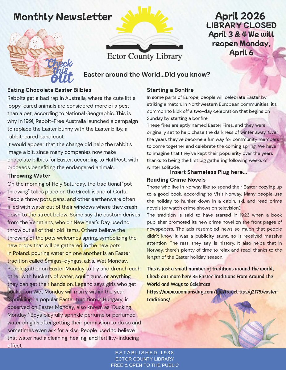 EctorCoLibrary's tweet photo. Springtime and a rebirth of fresh, fun &amp; informative library events for April are just about in full bloom 💐 🌹 🌸 🏵 🌼 💚#newsletter #libraryreads #eastergifts https://t.co/Q2p79KHvt3