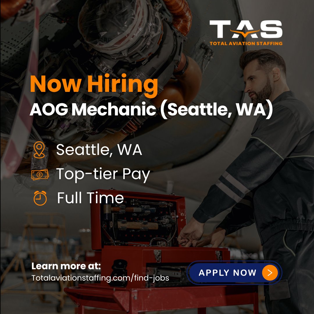 aviation_total's tweet photo. ✈️ JOB ALERT: AOG Mechanic in Seattle, WA!

Ready to take your A&amp;P career to new heights? We’re looking for a skilled AOG Mechanic to join our elite team in Seattle. 

Apply now: https://t.co/djYkXWcxfW

#AviationJobs #AOGMechanic #Hiring #SeattleJobs #AircraftMaintenance https://t.co/mFEY82ijk6