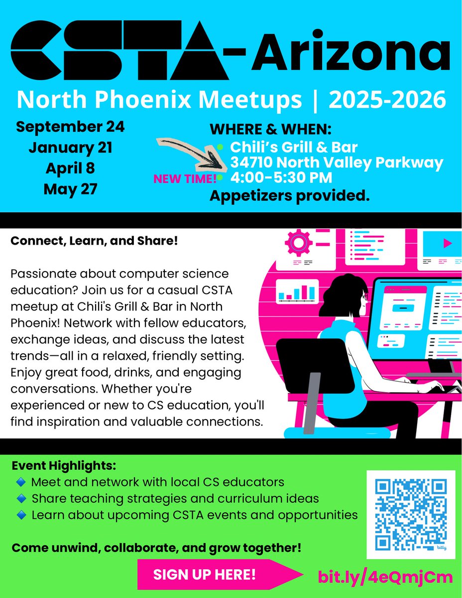 jaimehansendvu1's tweet photo. 💻 Join us for the CSTA Arizona North Phoenix Meetup on April 8!

📍 Chili’s Grill &amp; Bar, North Phoenix
⏰ 4:00–5:30 PM
🤝 Connect, learn, and share with fellow CS educators. Appetizers provided!

Come collaborate and grow with us!
#CSTA #ComputerScience #CSforAll @AzCsta https://t.co/kteoDrUYok