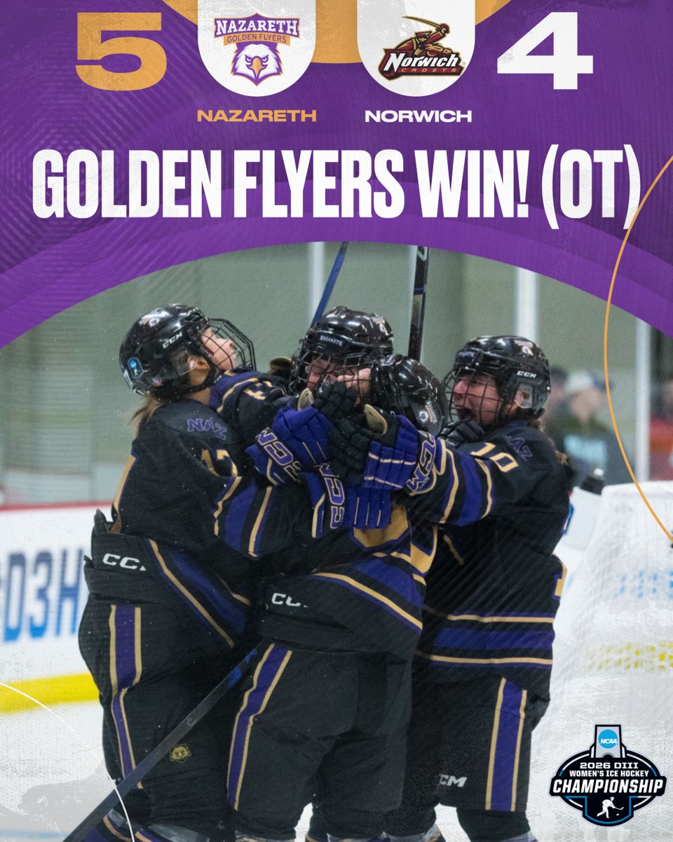 NazAthletics's tweet photo. NCAA Championship bound!!! #3 Nazareth storms back from down 3-0 to defeat #2 Norwich 5-4 in overtime! The Golden Flyers will play the winner of #1 University of Wisconsin - River Falls vs #4 Amherst in the Championship game on Sunday at 4 PM EST. https://t.co/pUyU6CD2uU