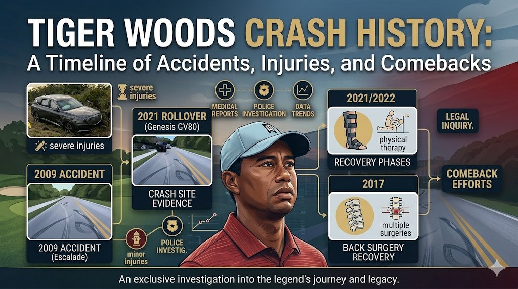 silas_thorne1's tweet photo. Tiger Woods' history, including the 2009 Escalade crash and 2021 Genesis rollover, is tracked through accidents, injuries, and comebacks. The detailed timeline follows recovery phases, using specific rectangular insets and illustrative data points for an exclusive investigation. https://t.co/JZhe2TtdyI