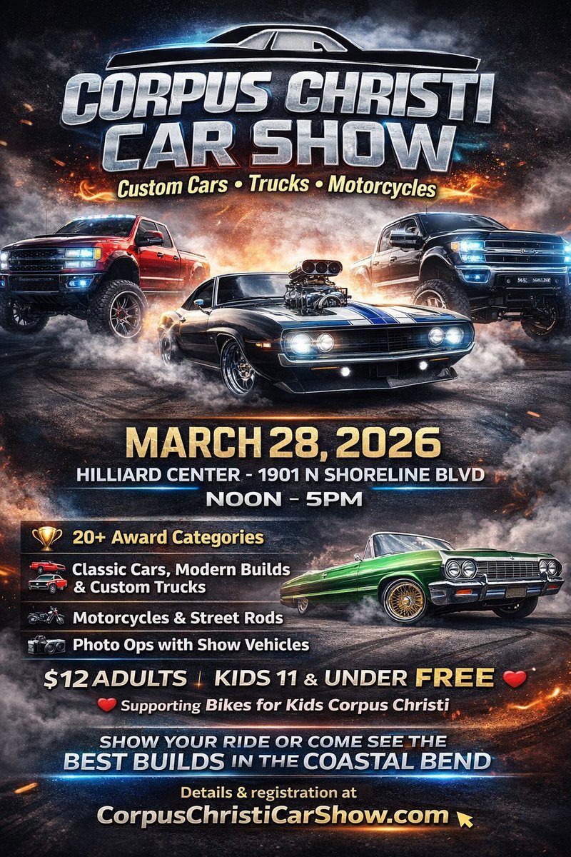 CalendarCC's tweet image. Gearheads, unite! The 2026 Corpus Christi Car Show roars into the Hilliard Center on March 28th! 🏁

From classic beauties to future rides, showcase your car and support a great cause! 

CORPUS CHRISTI CAR SHOW ➡️ cceventscalendar.com/events/corpus-… 

#ccevents #carshow #hotz95 #bikesforkids