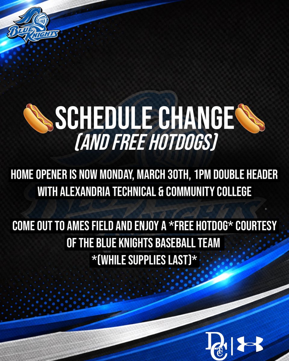 BaseballDctc's tweet photo. Do you like sunshine, Blue Knights baseball, and free hotdogs??

Of course you do!

Our home opener has moved from Wednesday April 1st, to Monday March 30th. The double header will begin at 1PM. We’ll fire up the grill and have free hotdogs dogs while supplies last!

☀️🤝⚔️🤝🌭 https://t.co/O1fKLb9t1v