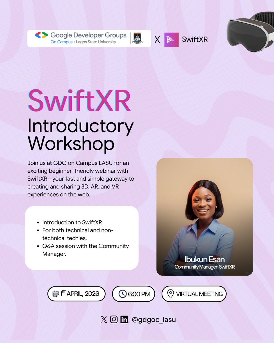 gdgoc_lasu's tweet photo. The Metaverse is no longer just a concept. It is the next phase of the web.

Whether you are a UI/UX designer, developer, or gamer, you need to understand  this.

That is why GDG LASU is hosting an exclusive workshop with SwiftXR.

April 1st, 6:00 PM

https://t.co/MO47F5sxFj https://t.co/UMyd4iEM9g