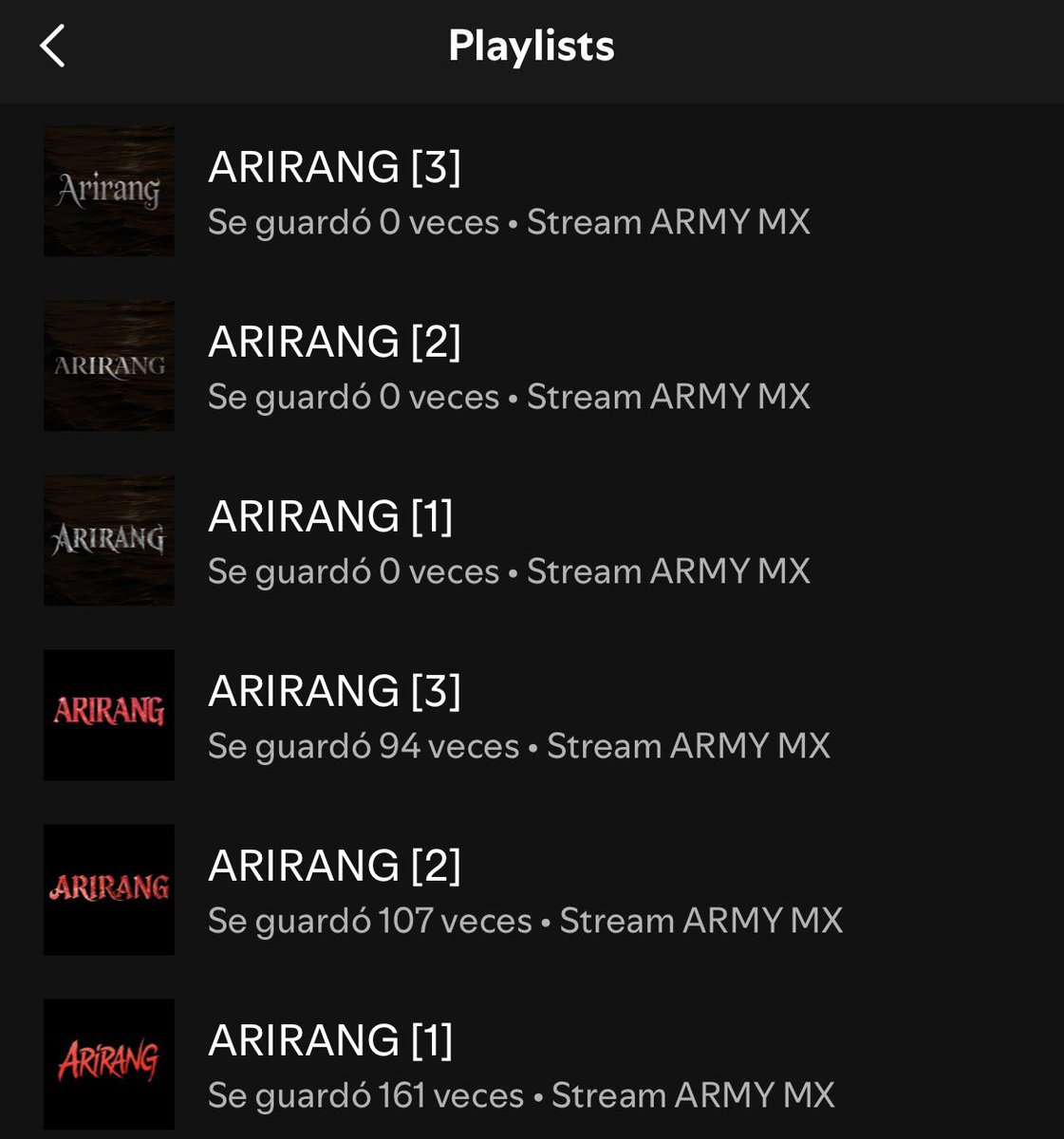 streambtsmexico's tweet photo. 🇲🇽Formatos de streaming | Spotify Mexico 🇲🇽

ARMY, les compartimos dos formatos, cada uno compuesto por tres listas.
Es importante que, según el formato que elijan, las dos primeras listas se completen en su totalidad, ya que estas contribuyen a x80 SWIM y x20 BSIDES (versión explícita). 

— DATO MUY IMPORTANTE:

Les recomendamos integrar *"Swim (Performance Video)"* en su fila de reproducción y *permanecer dentro de la aplicación para visualizarlo de principio a fin.* Pueden realizar esta actividad en diferentes momentos.

— Una vez que comience el rastreo, reproducirás el siguiente álbum:

[https://t.co/ZW3Veafj6I]

———————————————

< FORMATO ROJO:❤️ >

- ARIRANG [1]:
Incluye: 14x B-sides, 40x Swim
[https://t.co/ZePbFIwZnq]

• ARIRANG [2]:
Incluye: 6x B-sides, 40x Swim
[https://t.co/jlFg6t3xOG]

• ARIRANG [3]:
Incluye: 6x B-sides (Ver. Clean)
[https://t.co/Y8zPSJjYC2]

———————————————

< FORMATO GRIS:🩶 >

• ARIRANG [1]:
Incluye: 13x B-sides, 50x Swim
[https://t.co/ZoBJnPdqWD]

• ARIRANG [2]:
Incluye: 7x B-sides, 30x Swim
[https://t.co/ShtfwvW5pW]

• ARIRANG [3]:
Incluye: 6x B-sides (Ver. Clean)
[https://t.co/5e3wDfz68g]