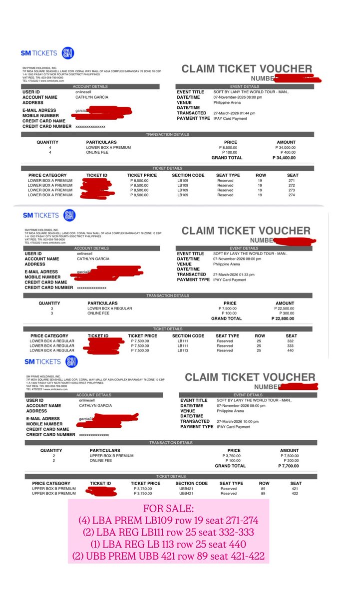 lfblanyticket's tweet photo. WTS / LFB LANY NOV 7:
(4) LBA PREM LB109 row 19 seat 271-274 
(2) LBA REG LB111 row 25 seat 332-333
(1) LBA REG LB 113 row 25 seat 440
(2) UBB PREM UBB 421 row 89 seat 421-422

- no dp
- payment after ma claim tgt
- pampanga, bulacan or manila meet up

#lany #lanymanila #lanyfs https://t.co/YETbBvOzt2