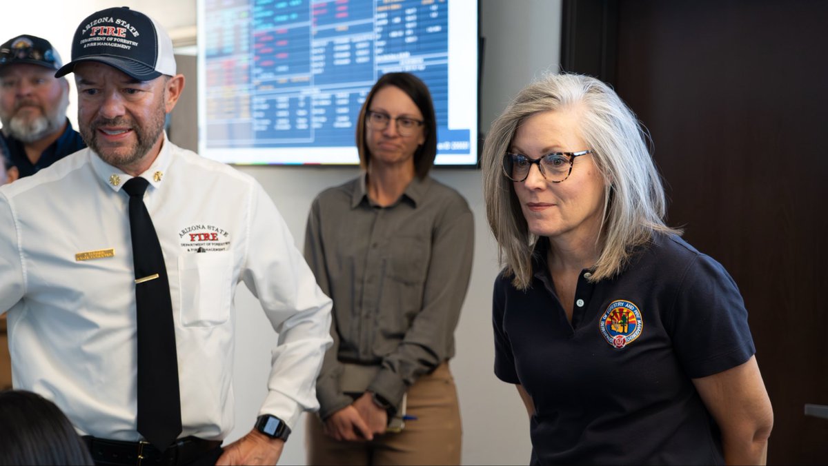 GovernorHobbs's tweet photo. As we head into wildfire season, I’m making sure Arizona is ready. Today, I joined @azstateforestry to open a new dispatch center and highlight AI detection cameras—tools that help us spot fires sooner, respond faster, and better protect our communities and firefighters. https://t.co/iLESZnnzpW