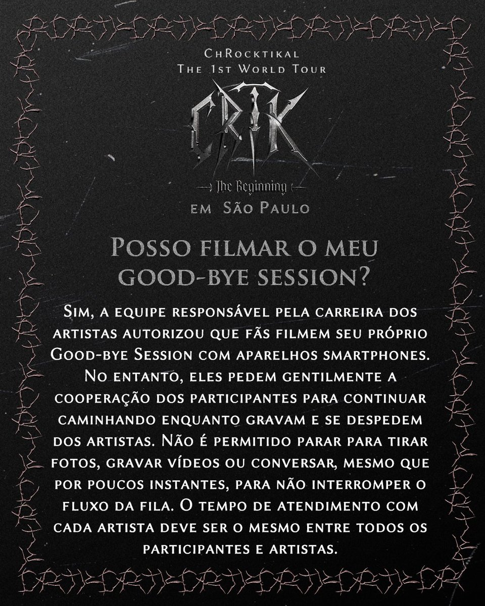 followhwstar's tweet photo. O show acaba… mas ainda teremos um último momento com o ChRocktikal. ❤️‍🔥

O Good-bye Session é a oportunidade dos fãs se despedirem da banda após o show e trocar aquele último olhar antes do fim do evento.

📱 É permitido gravar com smartphone, mas lembre-se:
➡️ continue caminhando
➡️ não pare para fotos ou conversas

Assim todos conseguem viver esse momento especial e ter a mesma experiência.

🎟Ingressos disponíveis: 
🔗 https://t.co/RsPk3FkJd5
