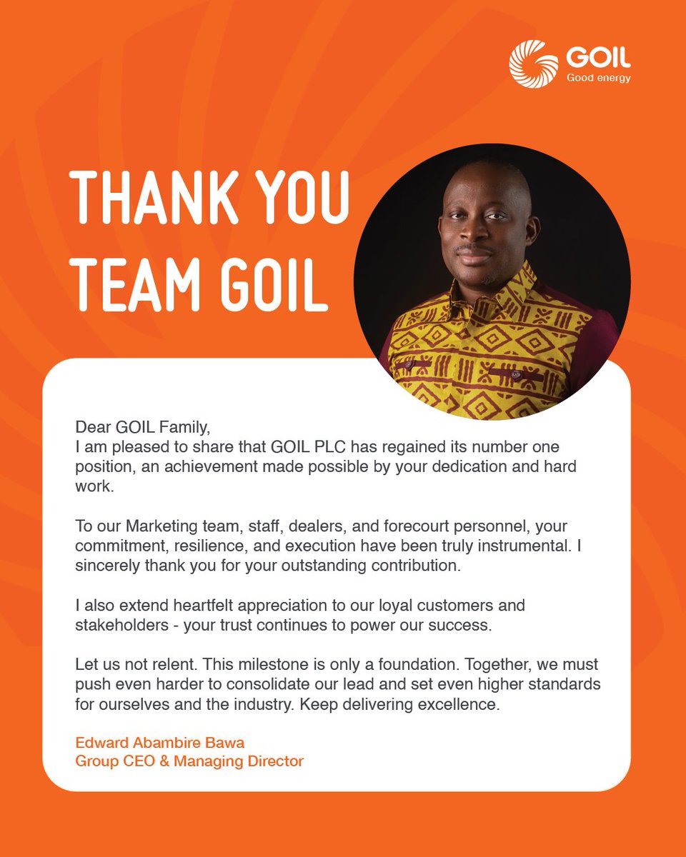 GOIL_Official's tweet image. We’ve reclaimed our position, but this is just the beginning.
Thank you, Team GOIL, for your hard work and belief. 
To our cherished customers - you made this possible. 
We appreciate your trust. Let’s keep it strong.

#GoodEnergy 
#Excellence 
#TeamWork 
#NumberOneAgain