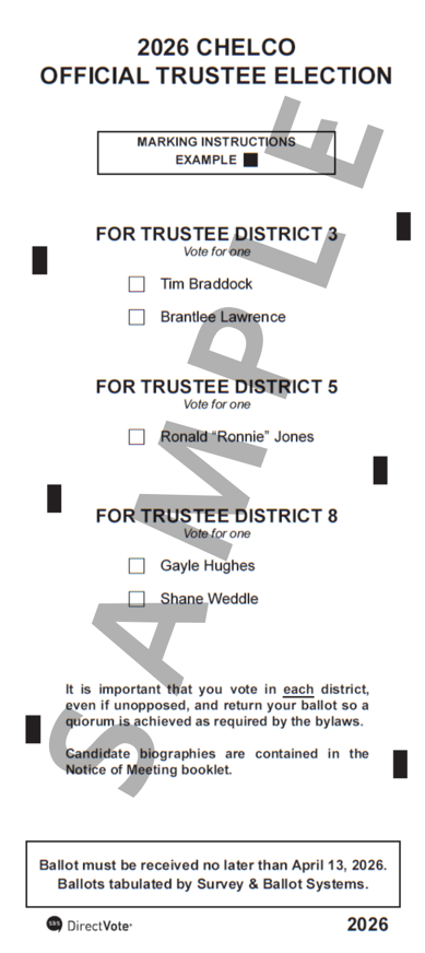 🗳️ CHELCO Trustee Elections are here! Check your mail for your ballot + Annual Meeting info. Vote in Districts 3, 5 &amp; 8—all members can vote in each district to help meet quorum.
📬 Mail with prepaid envelope. Due April 13
🎉 Vote = chance to win 1 of 4 $100 bill credits! 💡