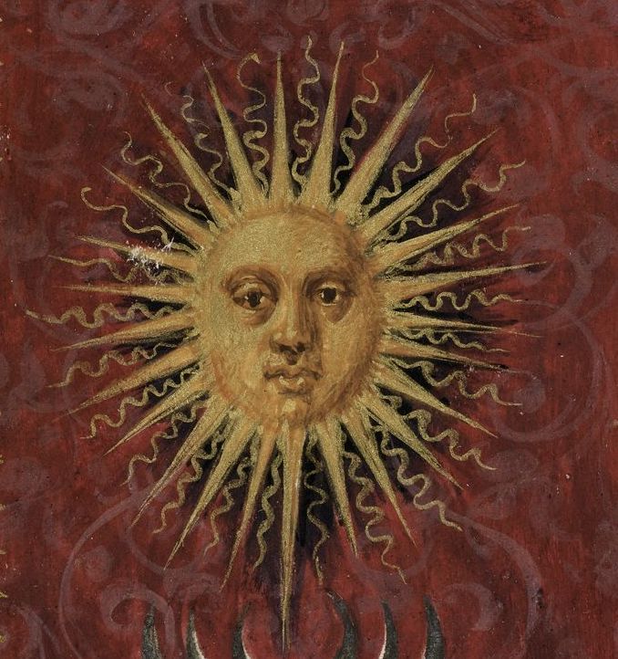 The sun. Splendor Solis. 1582. Page detail from a lavishly illuminated alchemical manuscript. British Library.
