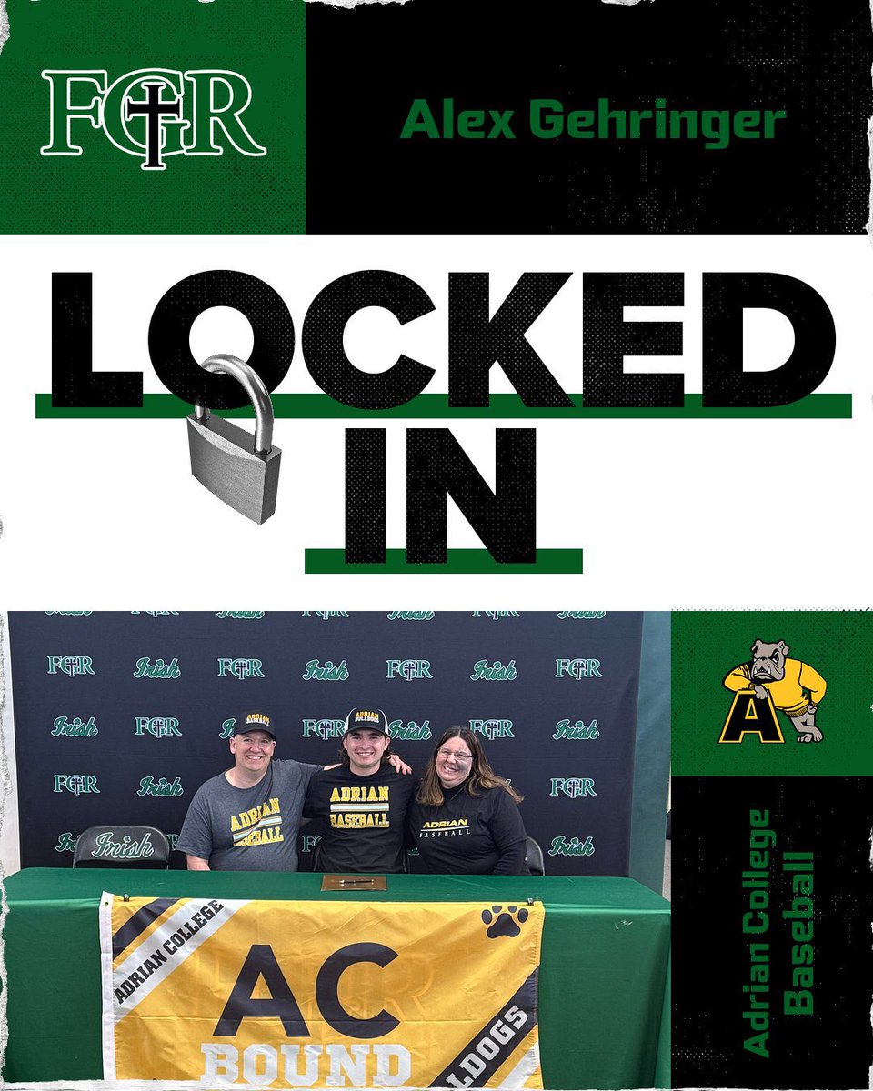 FGRathletics's tweet photo. Congratulations to FGR senior Alex Gehringer on his commitment today! Alex will continue his academic and athletic career at Adrian College where he will play baseball. Go Irish! ☘️ Go Bulldogs! https://t.co/loYgInnsN2