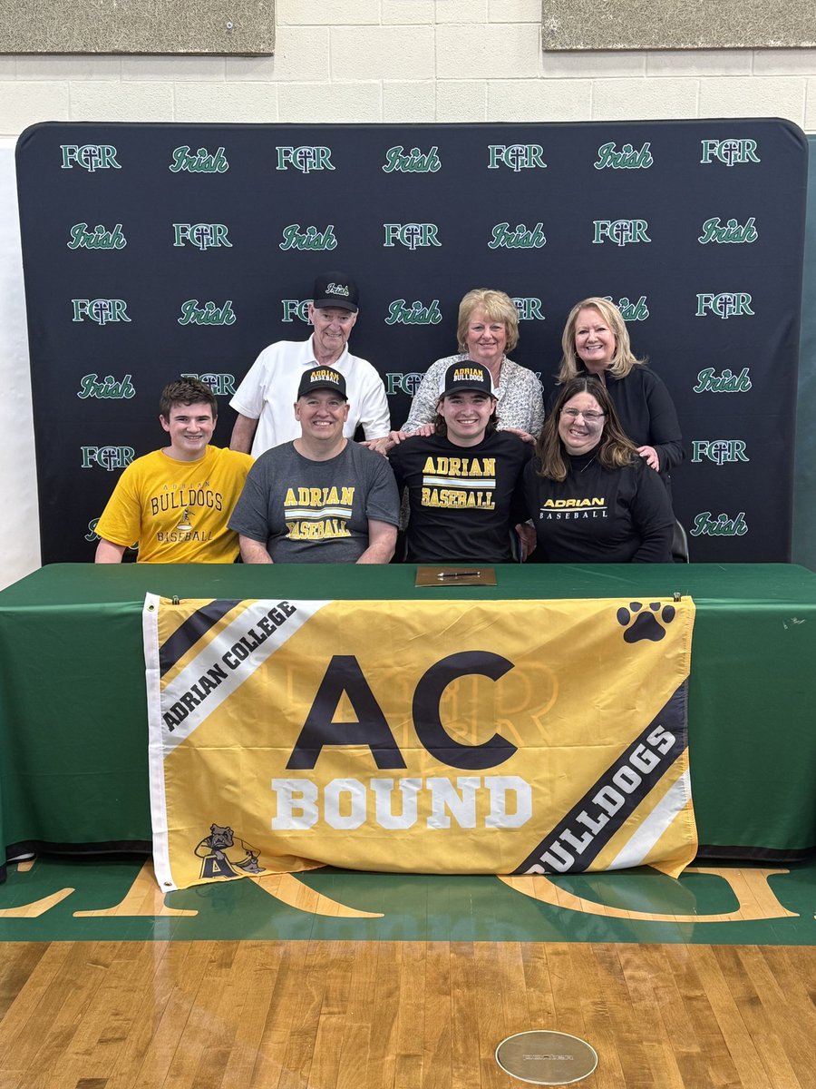 FGRathletics's tweet photo. Congratulations to FGR senior Alex Gehringer on his commitment today! Alex will continue his academic and athletic career at Adrian College where he will play baseball. Go Irish! ☘️ Go Bulldogs! https://t.co/loYgInnsN2