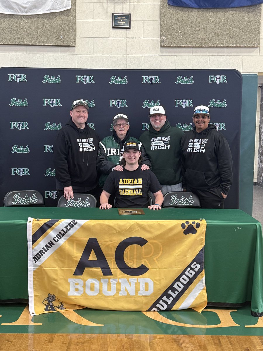 FGRathletics's tweet photo. Congratulations to FGR senior Alex Gehringer on his commitment today! Alex will continue his academic and athletic career at Adrian College where he will play baseball. Go Irish! ☘️ Go Bulldogs! https://t.co/loYgInnsN2