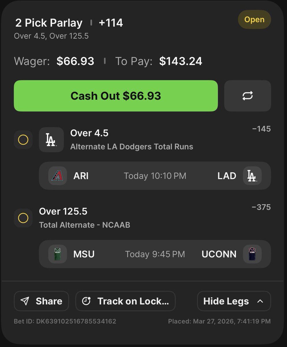 WasabiWagers's tweet photo. 🟢 Wasabi’s $10 to $1,000 Ladder 🟢
Step 4 : Dodgers Over 4.5 Runs + MSU/UConn Over 125.5 ⏳

$10.00 > $21.60 ✅
$21.60 > $37.96 ✅
$37.96 > $66.93 ✅
$66.93 > $143.24

• Dodgers Team Total: After putting up 8 last night, the blue moon is still rising. Playing the alternate line for safety, but this lineup is built to clear 4.5 by the 6th inning. 🏯⚾️
• NCAAB Total: Taking the heavy alternate over for the Spartans and Huskies. Michigan State has been an "Over" machine lately, and both teams have the efficiency to fly past 126. 🏀🔥

#LadderChallenge #MLB #MarchMadness #Dodgers #WasabiWagers