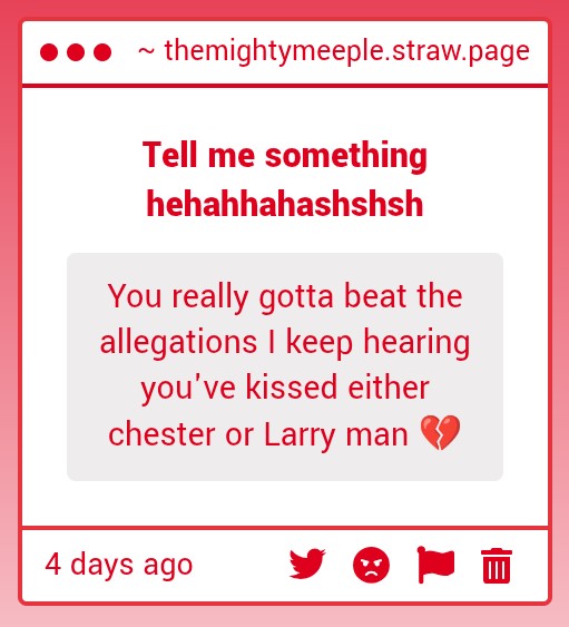 DiceKisser's tweet photo. IF I WERE TO KISS ANYONE IT WOULD BE...uh.. 😳
CERTAINLY NOT CHESTER https://t.co/9L0UxFFH7M
