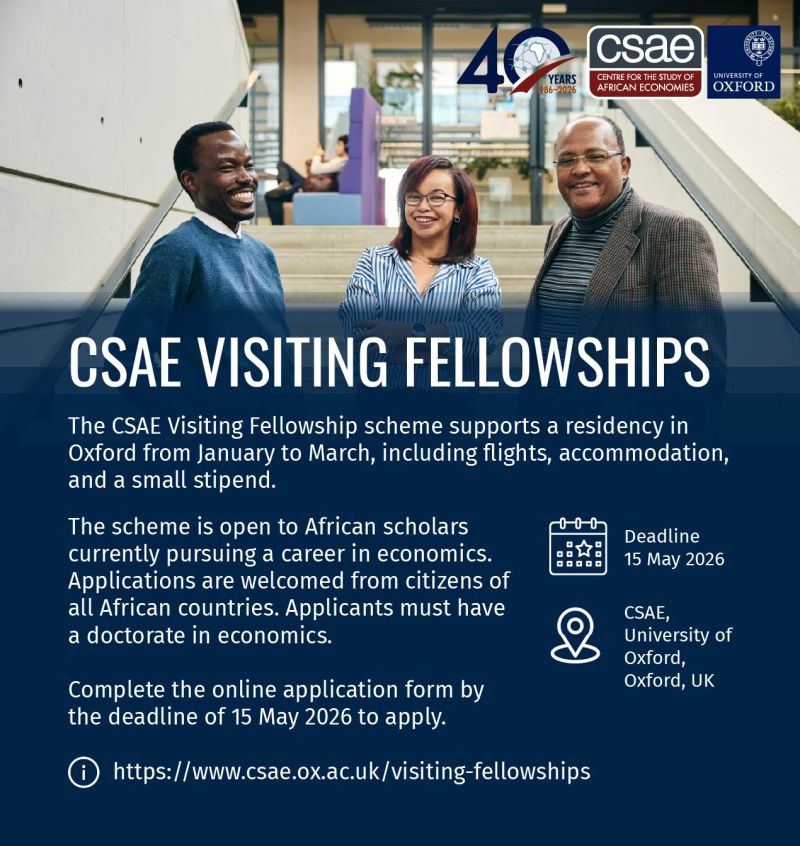 opportunitiesfy's tweet image. 🎓🌍 African economists!
Apply for the Oxford CSAE Fellowship 2027 🇬🇧
 ✈️Fully funded research residency
 📊Seminars + global networking
 📅May 15, 2026
🔗 wp.me/p23f03-dAN
💡 Tip: Showcase your research impact!
#Fellowship #Oxford #Africa