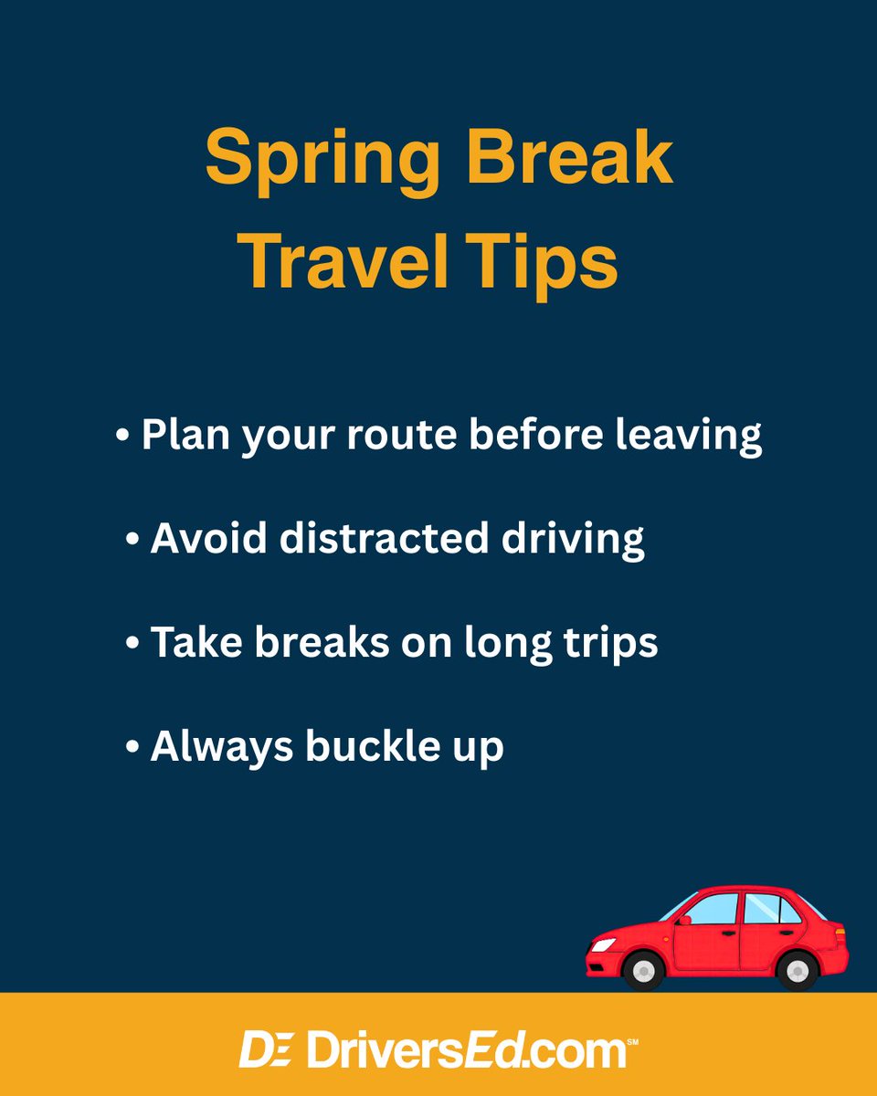 driversedcom's tweet photo. Spring break = road trips, packed highways, and drivers who might not know the area. 🚗

Watch for sudden lane changes, give yourself extra stopping distance, and stay patient in heavy traffic. Smart driving makes every trip better.

#DriversEd #DrivingTips https://t.co/mXu2iXCL9c