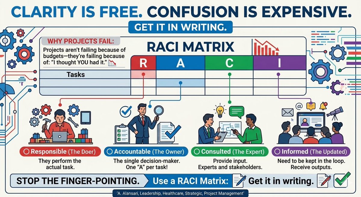 MsAlansari's tweet photo. Ambiguity is the silent killer of project delivery When "everyone" is responsible, no one is accountable.

The RACI Matrix is the strategic fix for ownership gaps:

🔴 Responsible: The Executor
🔵 Accountable: The Single Owner (Rule of One)
🟢 Consulted: The Expert Input
🟣 Informed: The Stakeholder Update

The Impact:
✅ 30-40% higher on-time delivery
✅ 50% reduction in role conflict
✅ 25% less time wasted on ownership disputes

Clarity is a professional asset; confusion is a budget liability Establish the matrix early, update it often, and eliminate the "I thought you had it" culture..

#ProjectManagement #Governance #RACI #StrategicPlanning #Leadership