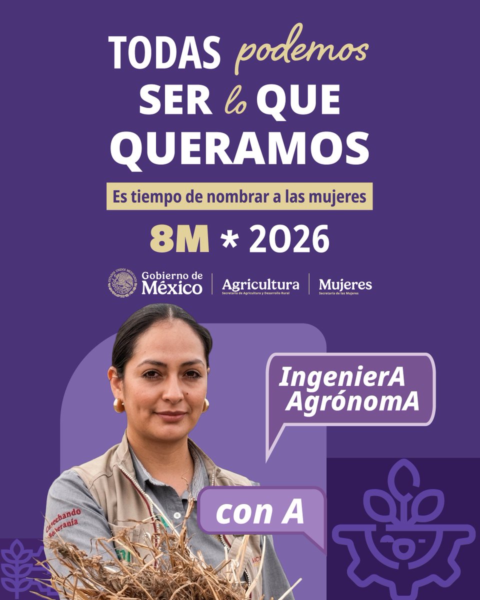 Agricultura_mex's tweet image. Ingeniera agrónoma, #ConA. 🌾
Las mujeres innovan, asesoran y hacen crecer al campo con ciencia y técnica.

Porque también lideramos la transformación del campo.
#SerLoQueQueramos #8M2026 @mujeresgobmx