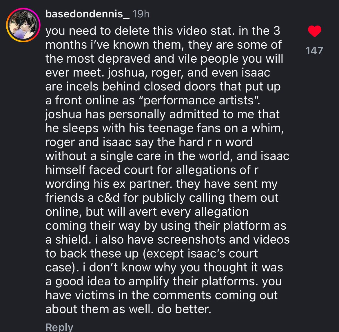 pinksafetycone's tweet photo. @pupproletariat @ShilohBat @ponyfucker99 three technically! not great with consent but also not great with ages...
this is a comment on someones video about them on instagram - ppl had google drive links with screenshots and photos as evidence too and a lot of ppl were speaking up in the comments https://t.co/dg742EcadC