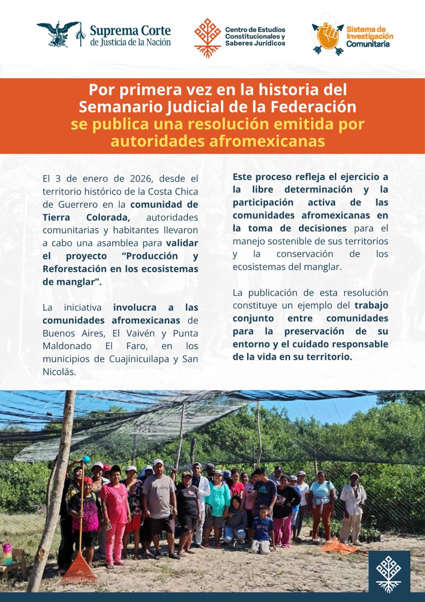 CECSJ_SCJN's tweet photo. ¡Histórico! Por primera vez se publica una resolución emitida por autoridades afromexicanas en el Semanario Judicial de la Federación. Una decisión de autoridades comunitarias de la Costa Chica de Guerrero.
Consulta y descarga aquí: https://t.co/QfmoRXgzUH https://t.co/i7QV0oMJG6