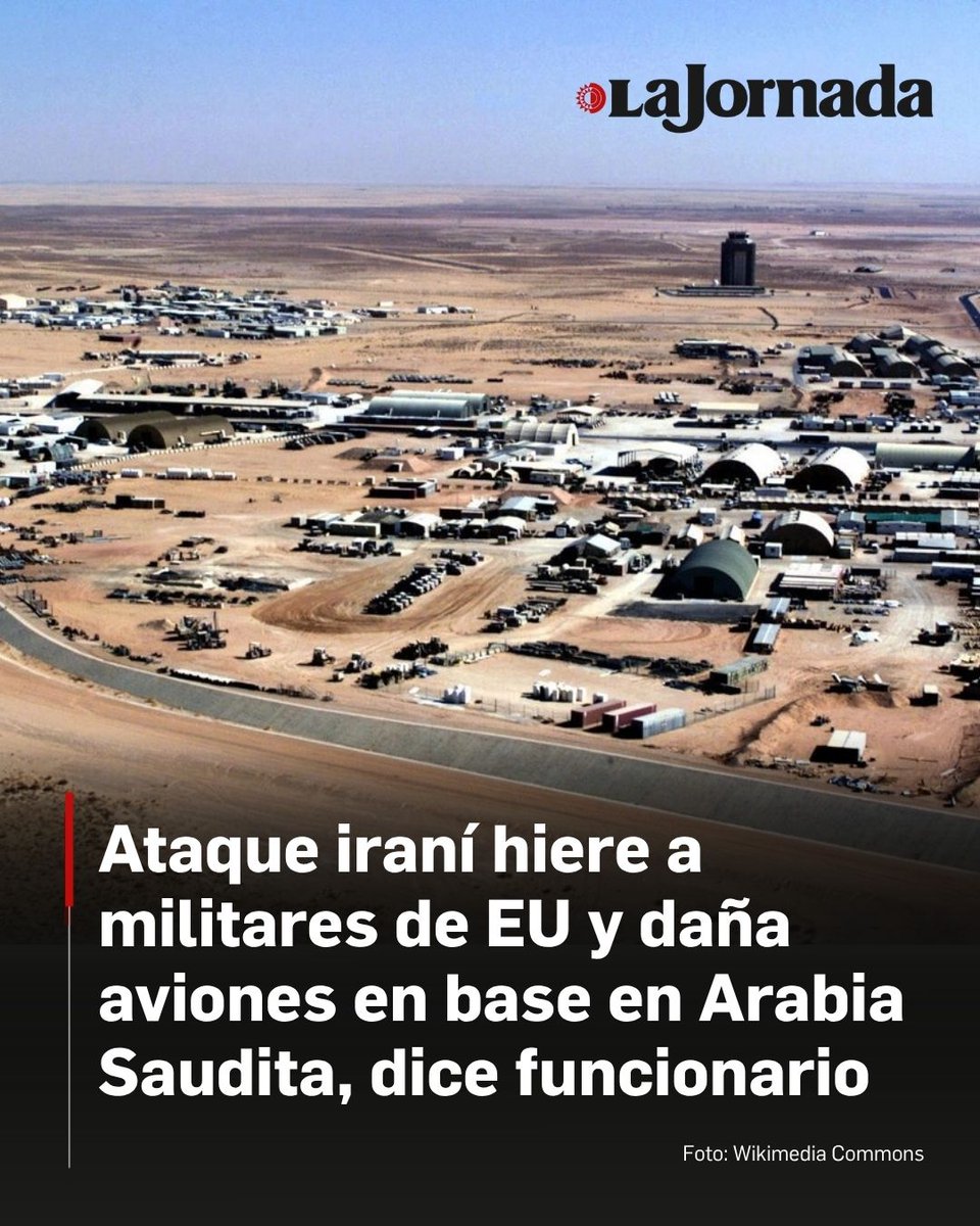 lajornadaonline's tweet photo. 🔴 Un ataque iraní con misiles hirió a varios militares estadunidenses y dañó algunos aviones en una base en Arabia Saudita, informó un funcionario de Estados Unidos familiarizado con la situación.

El funcionario, que habló bajo condición de anonimato para tratar asuntos militares delicados, dijo que el ataque contra la Base Aérea Prince Sultan involucró un misil iraní y drones, y dañó varios aviones estadunidenses de reabastecimiento. No estaba claro cuántos soldados resultaron heridos ni con qué gravedad.

Lee más aquí 👇
https://t.co/u4qXoU6sU8