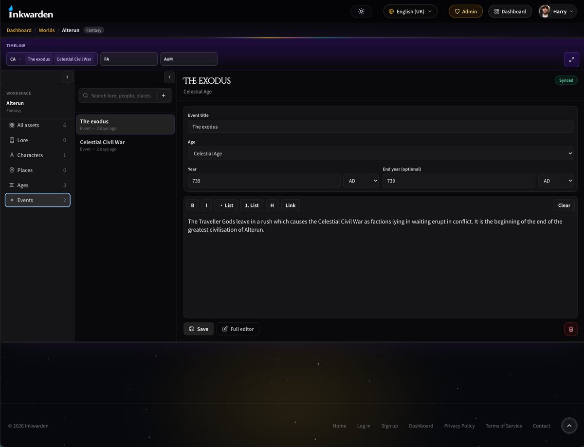 Day 3 out of 100 working on inkwarden.app 

👉 Road to $10k MRR.

I'd say probably 3/4 major features are now complete, there is just the last major one left which is to create a full editor and story/book writing system. 

I find a lot of my time can be absorbed into