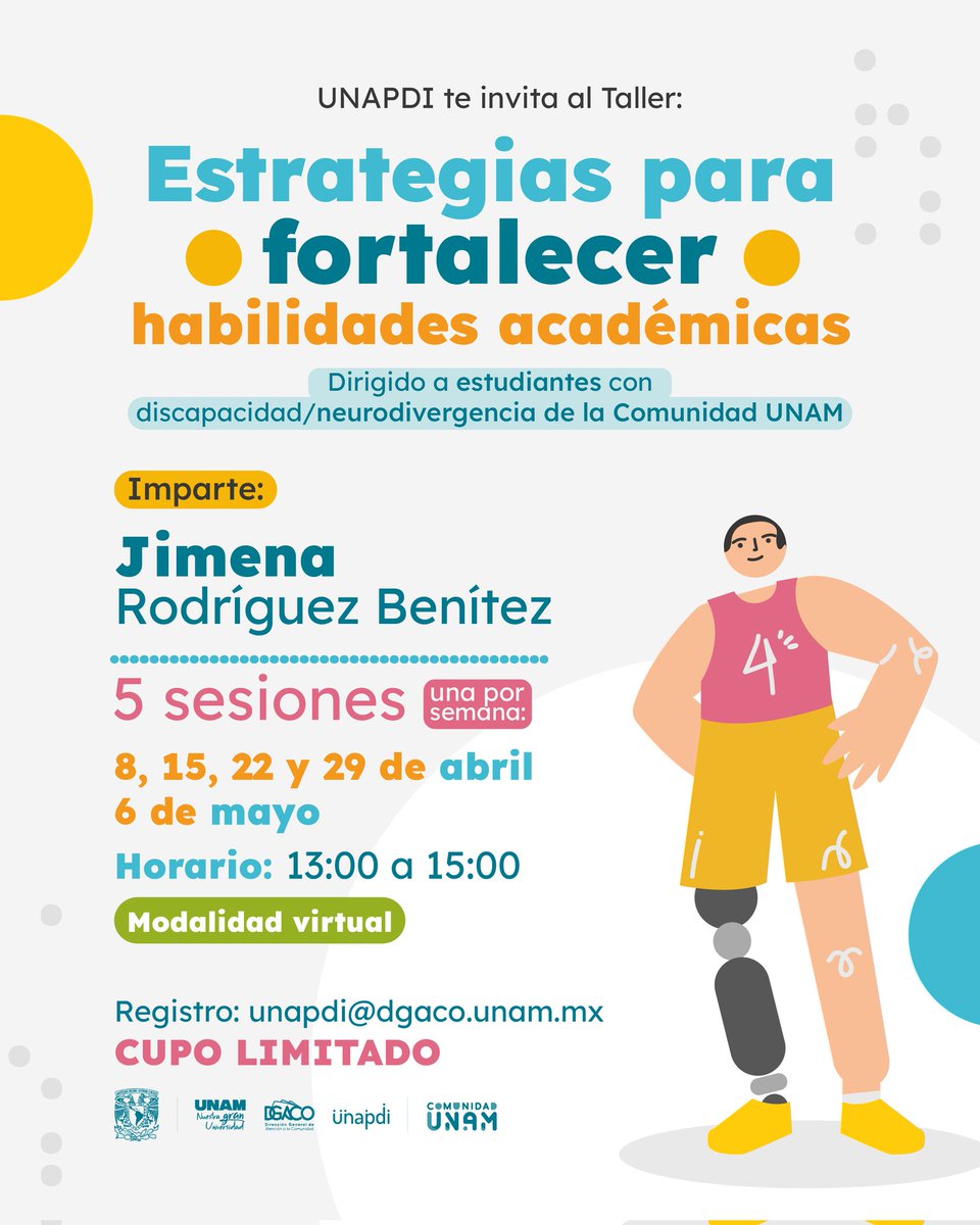 DerechoUNAMmx's tweet photo. #DerechoComparte
🧠💡Participa en el taller “Estrategias para fortalecer habilidades académicas” de #UNAPDI, dirigido a estudiantes con discapacidad o neurodivergencia, fortaleciendo tus habilidades de estudio en un entorno virtual diseñado para acompañarte✨📖
@Comunidad_UNAM https://t.co/FgWhNcvAIy