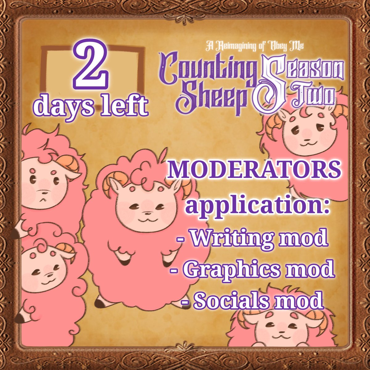 countingsheepom's tweet photo. 2 DAYS LEFT FOR MODS APPLICATIONS!
Check ou this link to find the form:
https://t.co/eWN0Bhm9X6
#modapp #zineapp #countingsheepzine #obeyme #obeymemc https://t.co/3XOJaXzXTL