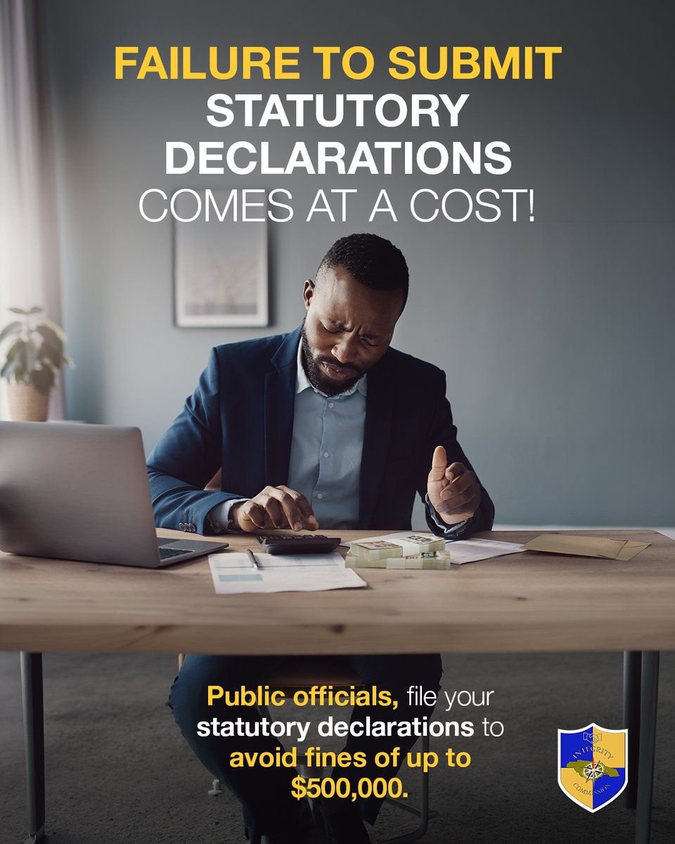JISNews's tweet photo. Failure to submit statutory declarations comes at a greater cost than you know!
File your statutory declarations to avoid fines of up to $500,000.
Save your money by submitting before or by the March 31 deadline.
#StatutoryDeclaration #IntegrityCommission #March31 #Deadline #FileOnTime #IntegrityMatters