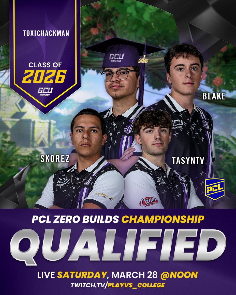 Esports_GCU's tweet photo. Our Fortnite teams of @ToxicHackman + @BlakeAlmanza3 and Skorez + @tasyntv qualified for the @playvs_college Zero Builds Championship! They will be competing on stream Saturday!

#GCUEsports #LopesUp https://t.co/3WmnTypVuc