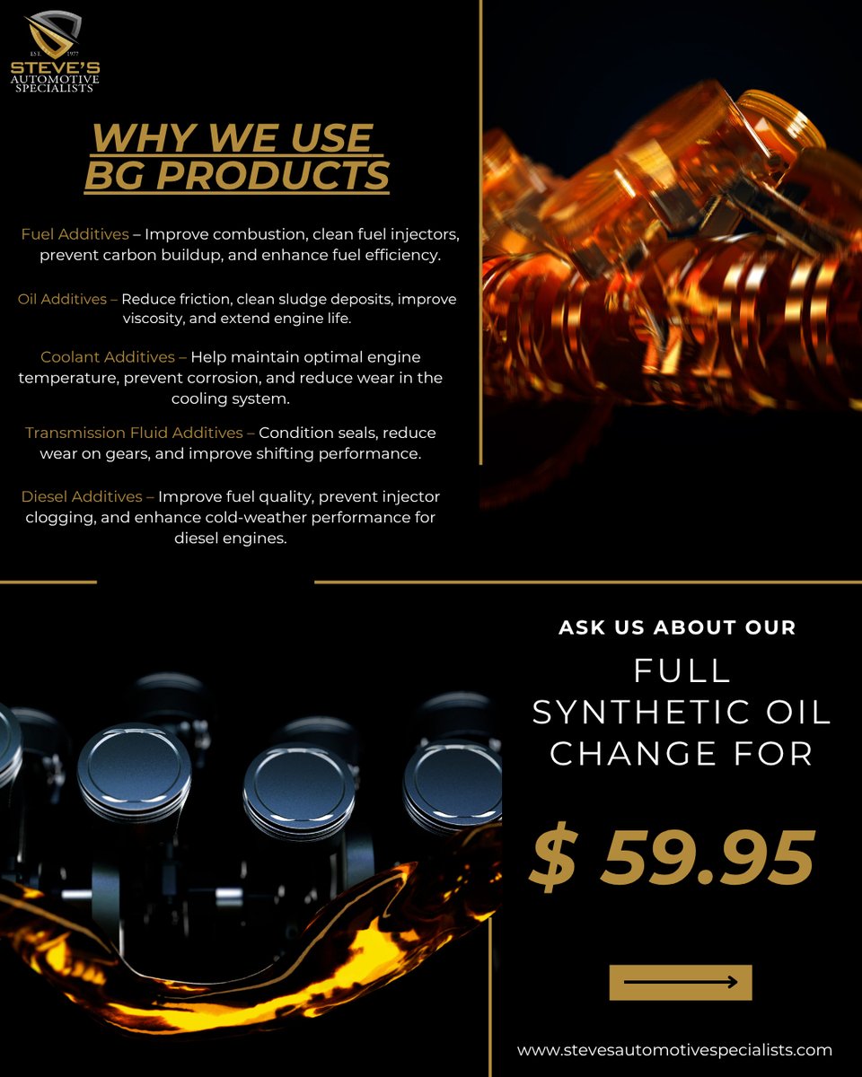 StevesAutoSandy's tweet image. It's Oil Change Friday! 🛢️🥳🙌
So, what are additives and why do we use them for your vehicle's fluids? 🤔
Check out the post below to learn more! 👇😁
#BGproducts #oilchangefriday #additives #autocaremadeeasy #stevesautomotivespecialists #automotiveknowledge