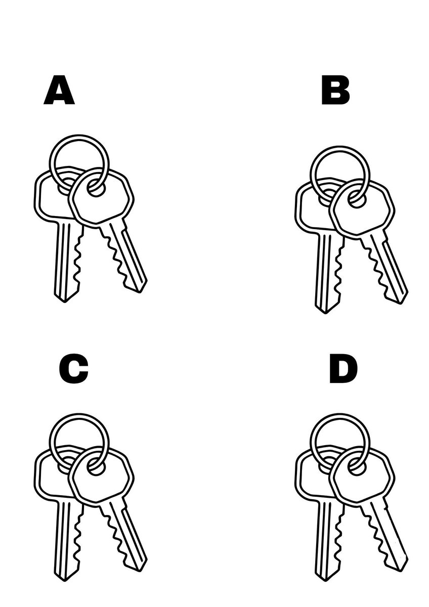 __Libra1's tweet image. You may think all these 4 keys are the same but they're not.
One is different but only people with great eyes sight will spot it instantly. It's A, B, C, or D? #quiz #riddles #QuizTime  #quizchallange