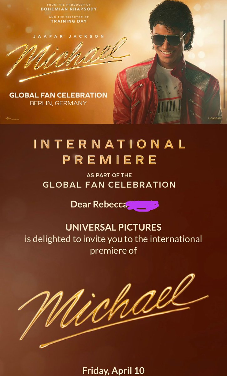 BexDisney's tweet photo. I got my ticket for the Michael Berlin premiere and I was shaking and I burst into tears with happiness. I responded immediately and all flights and hotel is booked. I’m so grateful!! #michaeljackson #michaelmovie https://t.co/3nbTZqNUPK