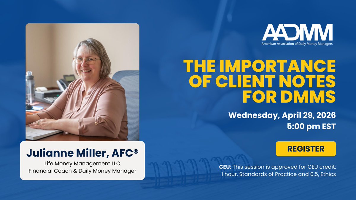 AADMM_US's tweet photo. Julianne Miller, AFC®, is a Financial Coach and DMM with years of experience helping women simplify their finances and feel confident managing money—especially during life transitions. 

Register today 🔗 https://t.co/yDl0O6Enqr https://t.co/LrdbYq520f