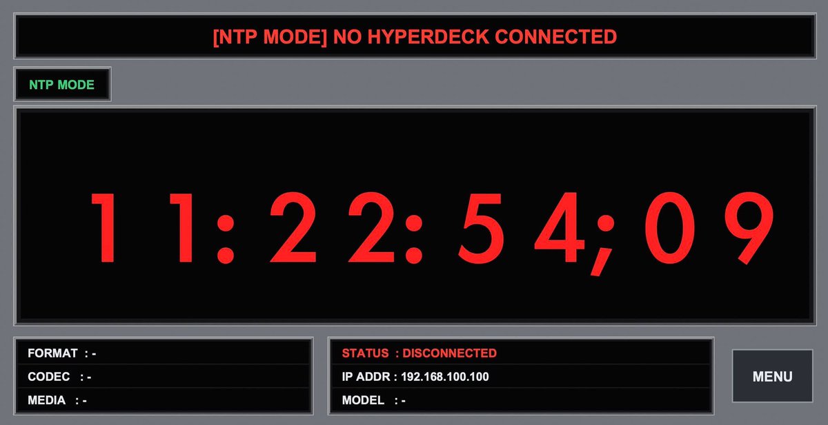TangSangDisco's tweet photo. Hyperdeckで再生中VTRの���前と残尺とを見るためだけのAPPを作りました。Hyperdeckがつながってないときは任意のNTPから時刻取得して時計としても使えますー。AIすごいなぁ。 https://t.co/uugDCaJfbk