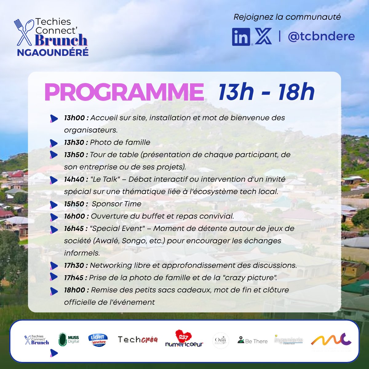 tcbndere's tweet photo. Le programme du #TechiesConnect Brunch est prêt !
📍 Hôtel Oasis, Beka
⏰ 13h-18h
Au menu :
✅ Talk &amp; débat
✅ Buffet convivial
✅ Jeux de société
✅ Networking
On vous attend aujourd’hui ! 🔥
#Ngaoundéré #Tech https://t.co/OGvjzt8tvX