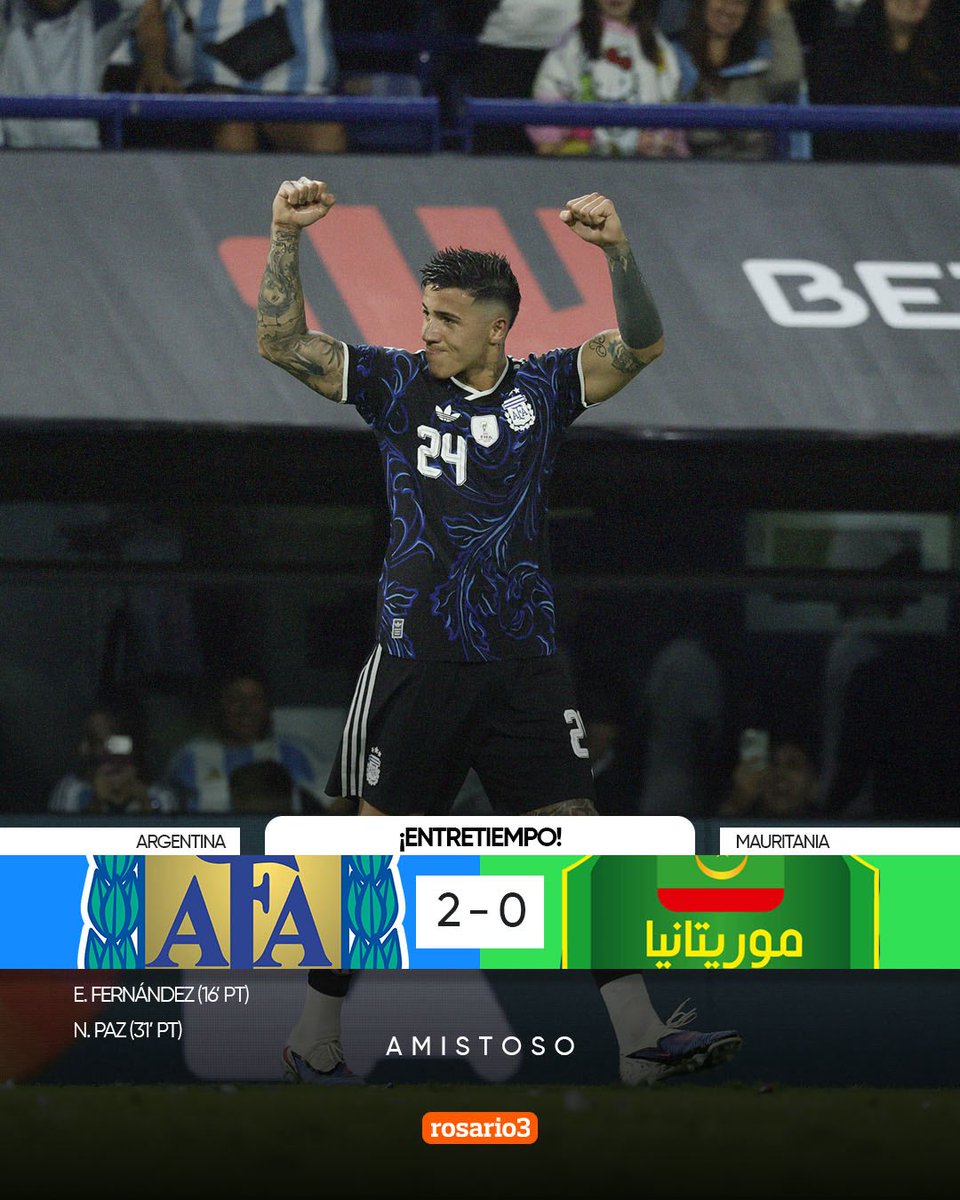Rosariotres's tweet image. ⏱️ ¡TERMINÓ EL PRIMER TIEMPO!

➡️ #Argentina vence por 2-0 a #Mauritania en la #Bombonera con goles de Enzo Fernández y Nicolás Paz.