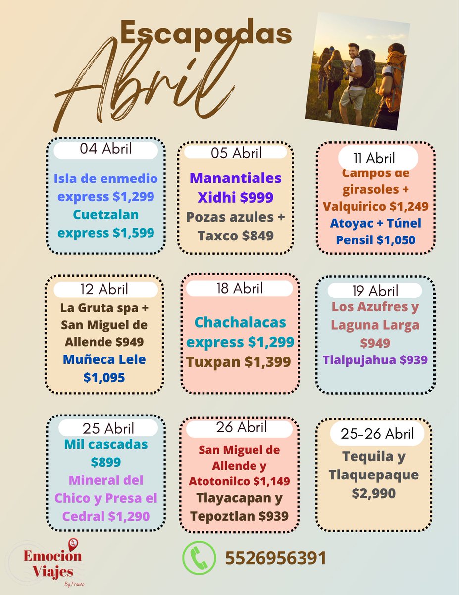 EmocionViajes's tweet photo. Te presentamos la lista de tours que tenemos programados para el mes de abril 📷
Si deseas algún itinerario envíanos mensaje al 55 2695 6391 https://t.co/WyxMafZuYD