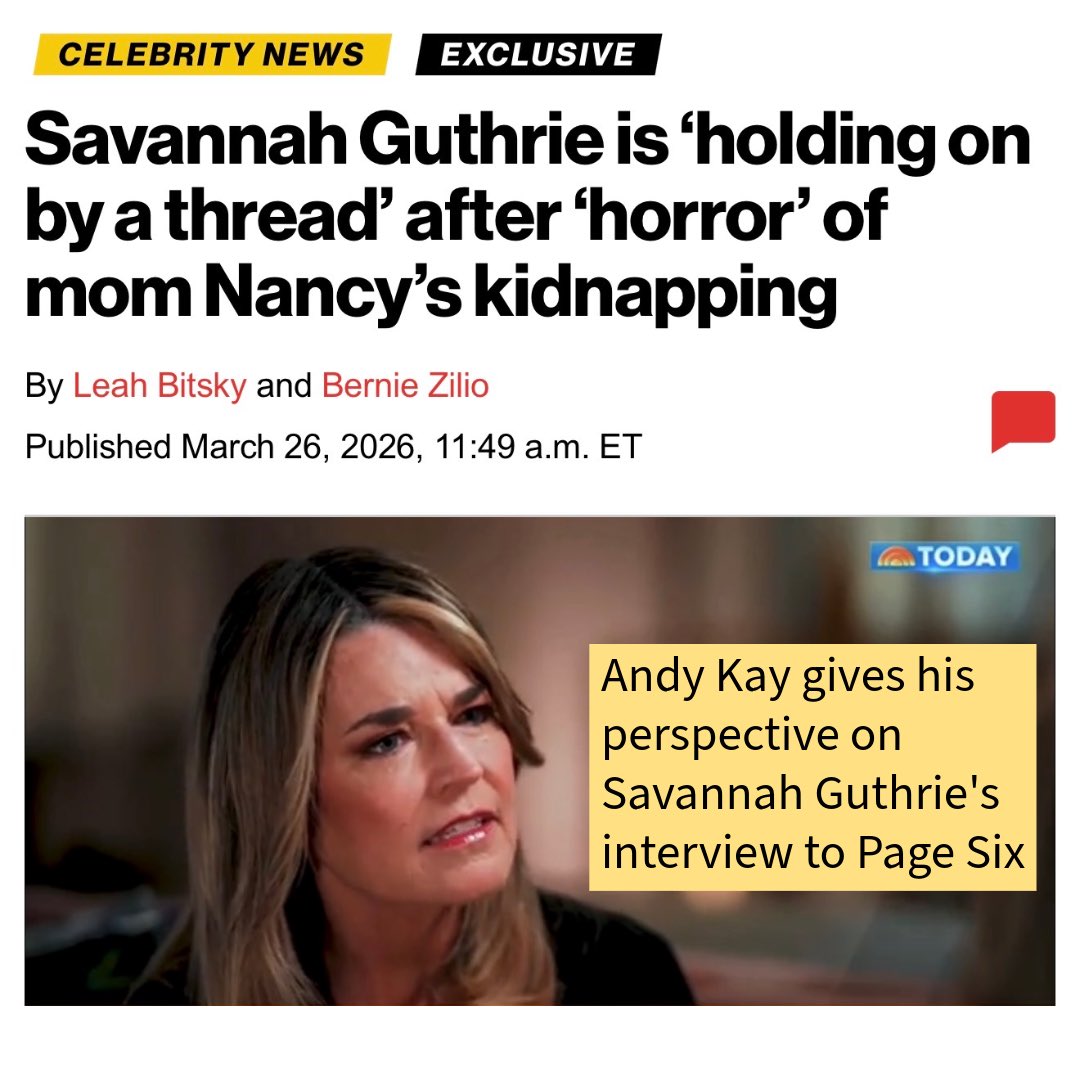 AssociatesKay's tweet photo. Page Six asked Andy what his thoughts are on Savannah Guthrie‘s recent interview regarding the case of her still missing mother.

#privateinvestigator #privateinvestigators #andykay #pagesix #savannahguthrie https://t.co/z39cMlCOfG