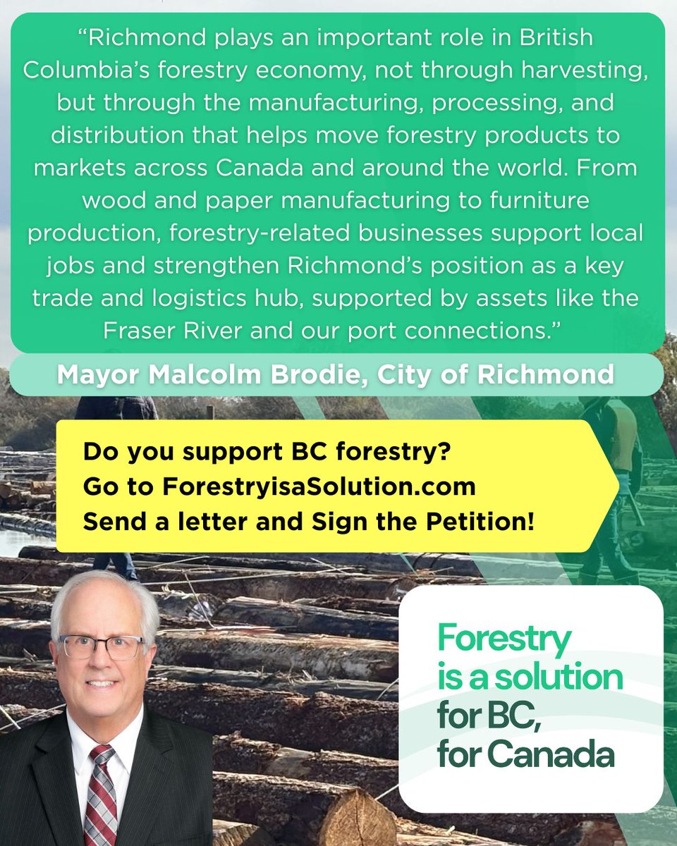 ForestryInBC's tweet photo. Forestry supports rural jobs and strengthens urban trade, manufacturing, and logistics hubs.

It connects every corner of BC from the forest to the mill to global markets.

Support BC Forestry: send a letter and sign the petition at https://t.co/D2yuHKO5yq

#BCpoli #BCForestry https://t.co/IOGKmGbabY