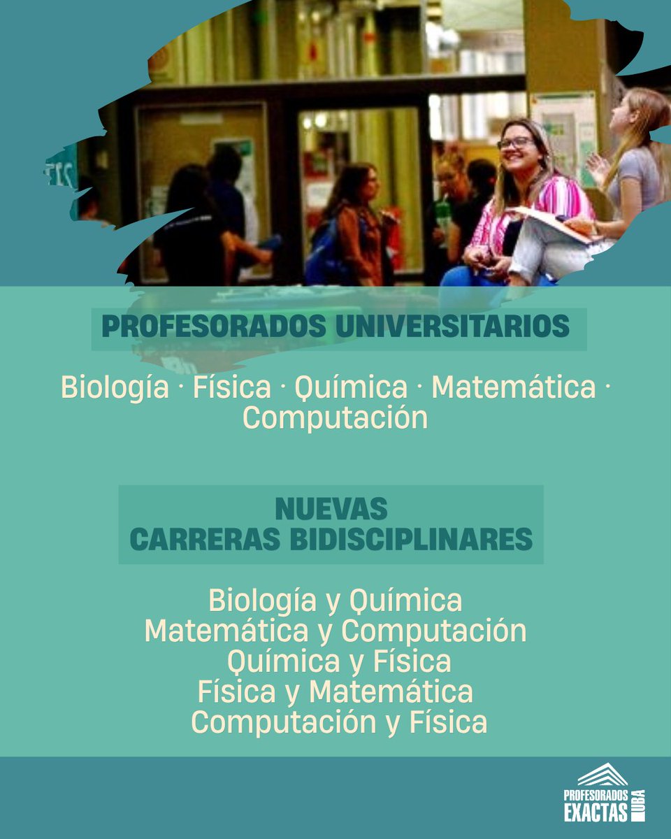 ProfesoradosExa's tweet photo. ¿Estás pensando en estudiar un Profesorado en Exactas?

Sumate a la charla informativa de la Dirección de Orientación Vocacional de Exactas UBA.
📅 19/5 – 14 hs
💻 Zoom
✏️ Inscripción previa: https://t.co/ul920Jy95q

Consultas:
📩 dov@de.fcen.uba.ar https://t.co/i3yB0fg8nB