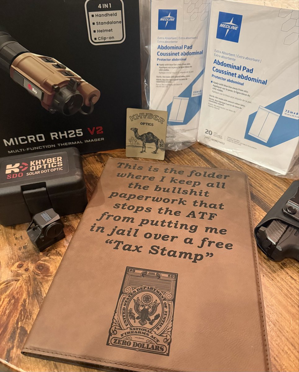 Busy mail call day. Thanks <a href="/CultLaser/">Cultivated Laser</a> for my “bullshit paperwork” folder for the hush devices obtained from <a href="/BrushbeaterInc/">Brushbeater Store, Inc.</a>  who also came through with the iRay RH-25 thermal I’ve been jonesing for forever. Also picked up the Khyber Optics Solar Dot Optic from <a href="/Brushbeater/">NC Scout</a> and