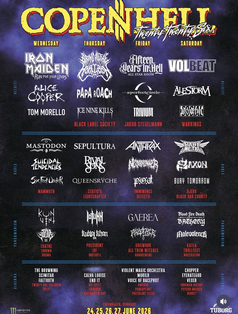 delhimetal's tweet image. 6/27のCopenhellはHADESステージのトリ
5アクト揃ったので例年通り深夜23:45のスタートになりそう(ヘッドライナーの後の時間帯)
大丈夫なのか我々w
それにしてもジャンルN/Aって😂
#BABYMETAL #Copenhell