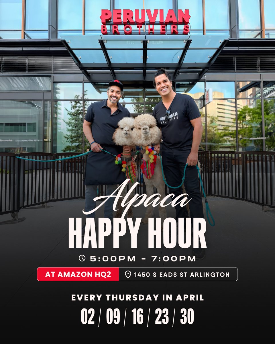 perubrothers's tweet photo. Alpaca Happy Hour is BACK!!! 🦙📷 Every Thursday in April from 5PMto 7PM at Peruvian Brothers at Amazon HQ2 📷

#alpacahappyhour #eatperuvian #amazonhq2 #happyhour #perufianfoood https://t.co/4xA7LdvdTs