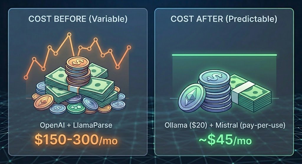 jasonsoroko's tweet photo. Cost before: $150-300/month variable (OpenAI + LlamaParse). Cost after: ~$45/month predictable (Ollama $20 + Mistral pay-per-use).
Better quality. Higher reliability. Lower cost. https://t.co/IiWoxHtgMj