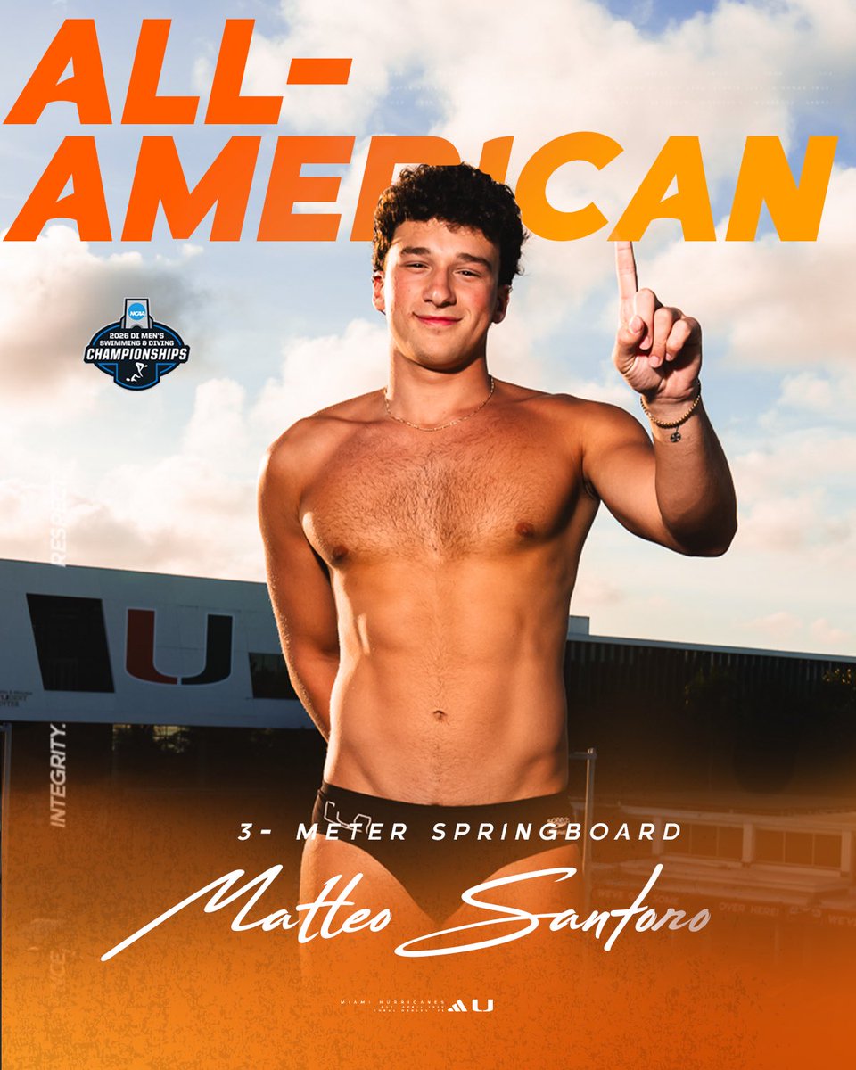 CanesSwimDive's tweet photo. Another night, another NCAA All-America finish for Matteo - we can get used to this 🤩

The freshman takes fourth nationally on the 3M springboard! #GoCanes https://t.co/EdaQt0Mf7A