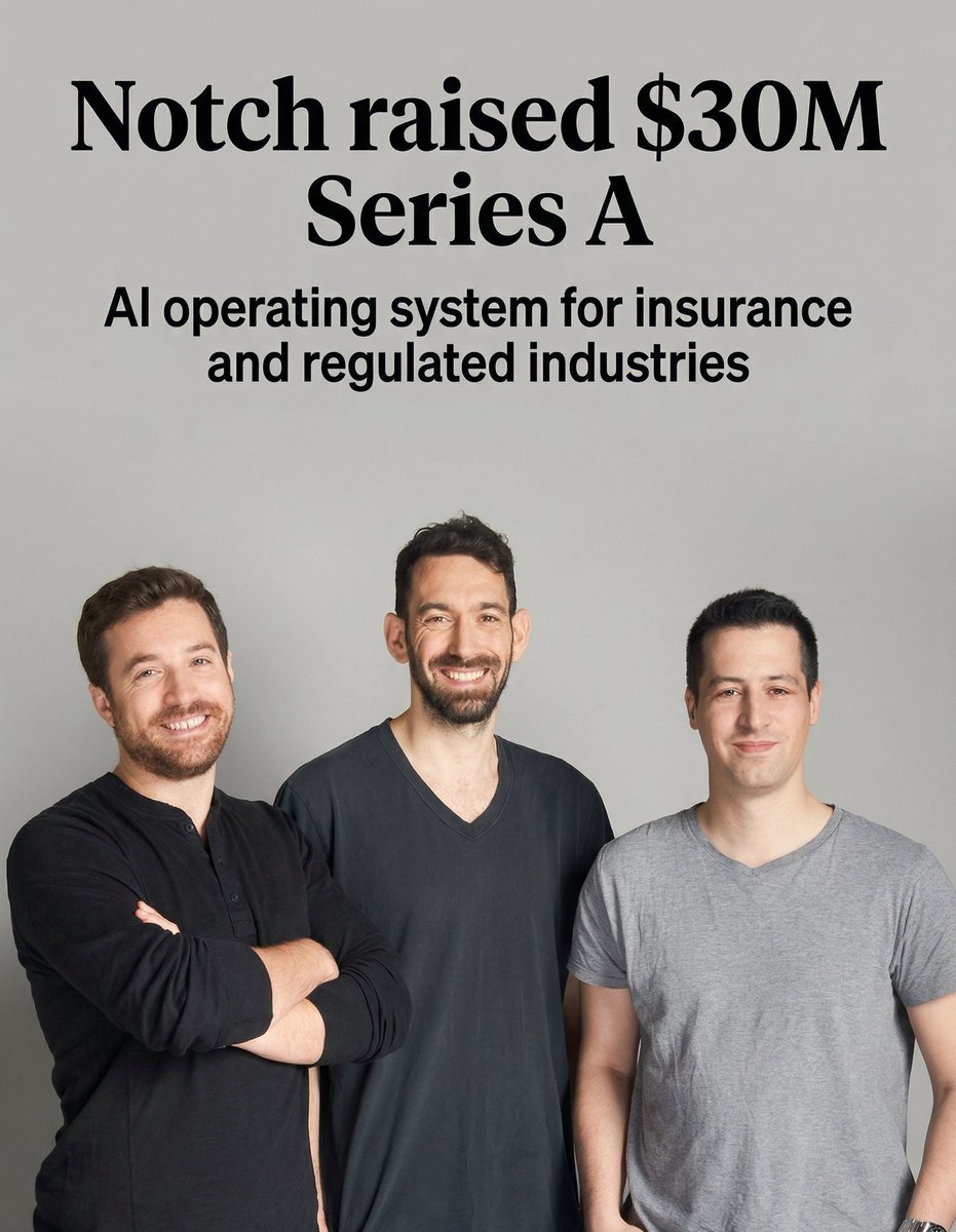 GrishinRobotics's tweet photo. $30M in Series A funding for Notch, led by Headline with participation from Lightspeed, Jibe Ventures, Illuminate Financial, and Phoenix Financial, as the company expands an AI operating system built for insurance and other regulated industries.

What makes the round worth watching is the product boundary. A lot of enterprise AI in regulated markets still stops at copilots or point tools because compliance, auditability, and workflow execution are harder than chat. Notch is trying to own the full operating layer: AI agents that handle broker and policyholder interactions, pull structured data from documents, route claims and submissions, and surface traceable answers for internal teams.

The timing also looks stronger than the average agent story. The company says ARR grew 12x over the last year and that adoption is already spreading across insurers and financial institutions. If buyers in regulated sectors keep preferring systems that can automate work without turning governance into a separate project, Notch is in a good spot to benefit from that shift.

Quick facts👇
● founders: Rafael Broshi; Elul Yaakobi; Yuval Peled
● total capital raised: $45M
● HQ: New York, New York
● Investors: Headline; Lightspeed; Jibe Ventures; Illuminate Financial; Phoenix Financial
