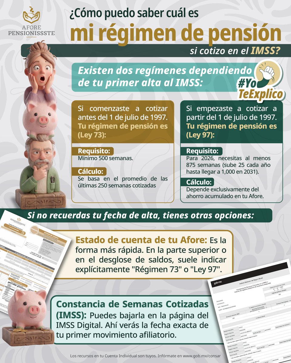 PENSIONISSSTE_'s tweet image. ¿Cotizas a @Tu_IMSS  y no sabes cuál es tu régimen de pensión? 👀

Tranqui 😌

En AFORE PENSIONISSSTE estamos para resolver todas tus dudas.

Entre más y mejor informado estés, mejores decisiones financieras podrás tomar 💙💸

#IMSS #RégimenDePensión #AFOREPENSIONISSSTE